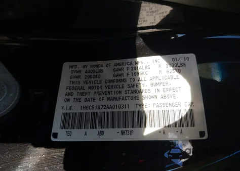 2010 Honda Accord 2.4 Ex z USA, uszkodzony, nr VIN 1HGCS1A72AA010311